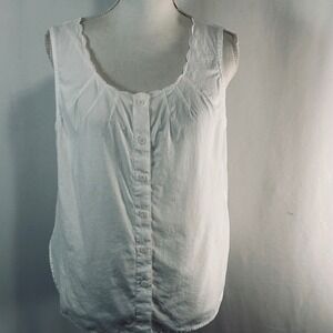 White Cotton Scalloped Neck Button Down Sleeveless Tank Top Pleated Blouse M